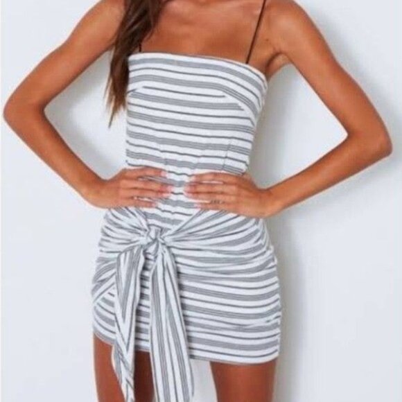 White Fox Striped Bodycon Mini Dress Tie Front Ribbed Size 6 - Picture 2 of 8